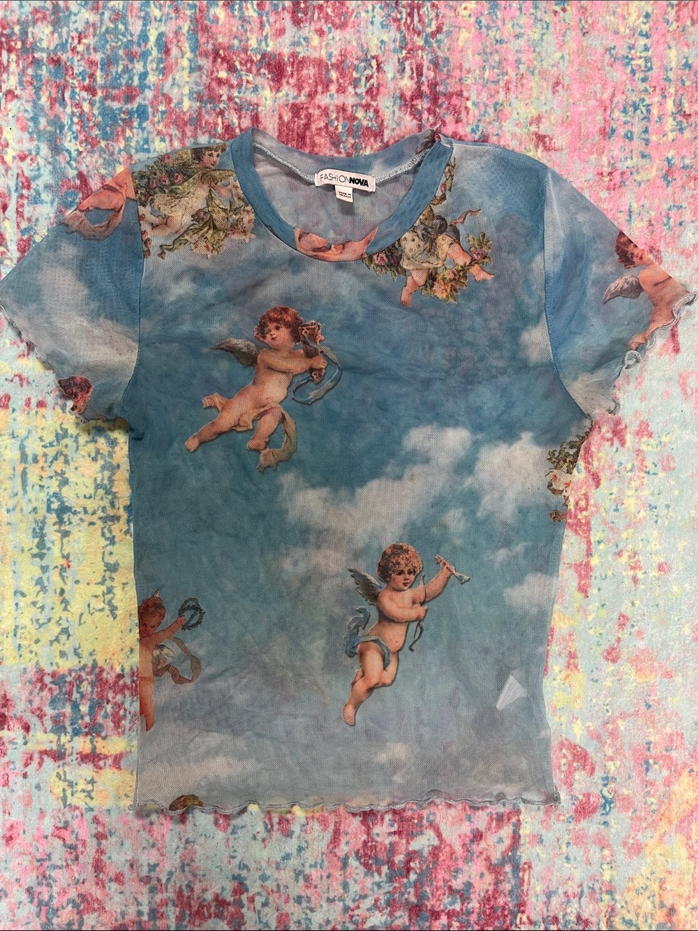 Fashion Nova Blue Cherub Print Sheer Mesh Tee